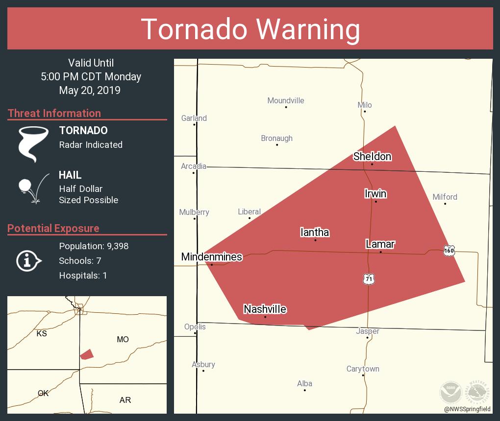 NWSSpringfield's tweet photo. Tornado Warning including Lamar MO, Sheldon MO, Mindenmines MO until 5:00 PM CDT https://t.co/u0liUzTTM3