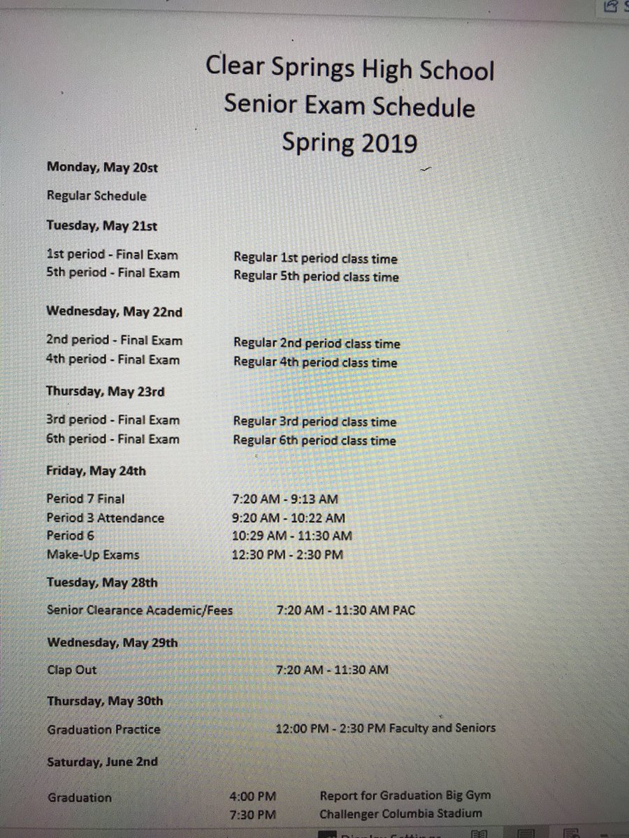 CSHS_Class2019's tweet image. SENIORS! Here’s our final exam schedule, let’s finish strong!!!💪🏼