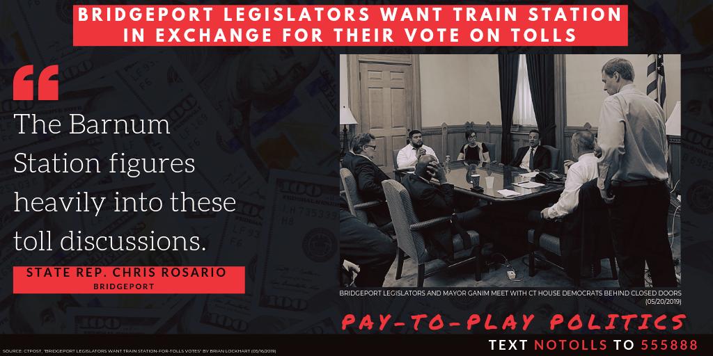 CTGOP's tweet photo. .@CTHouseDems are now engaging in quid pro quo conversations with members of their caucus in exchange for their votes for tolls in #Connecticut. This is the exact same type of pay-to-play politics that occurred during the $550 million dollar #HartfordCT bailout. #CTPolitics https://t.co/poDlRI6awB