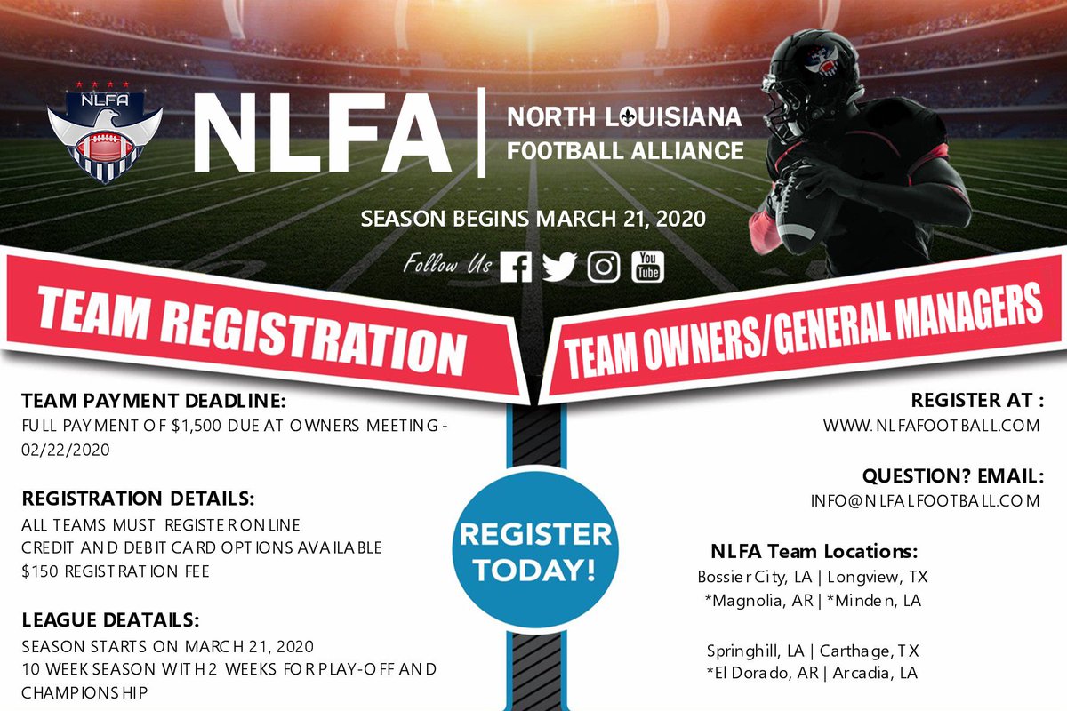NLFAFootball1's tweet photo. ATTN: NLFA team owners/general managers, you can now register your teams online. #SupportNLFAFootball #NLFA2020 #TeamRegistration #ArkLaTex #Semipro #Football

Registration Link: https://t.co/OhpuLTpYSM https://t.co/oz9PUWdSoL