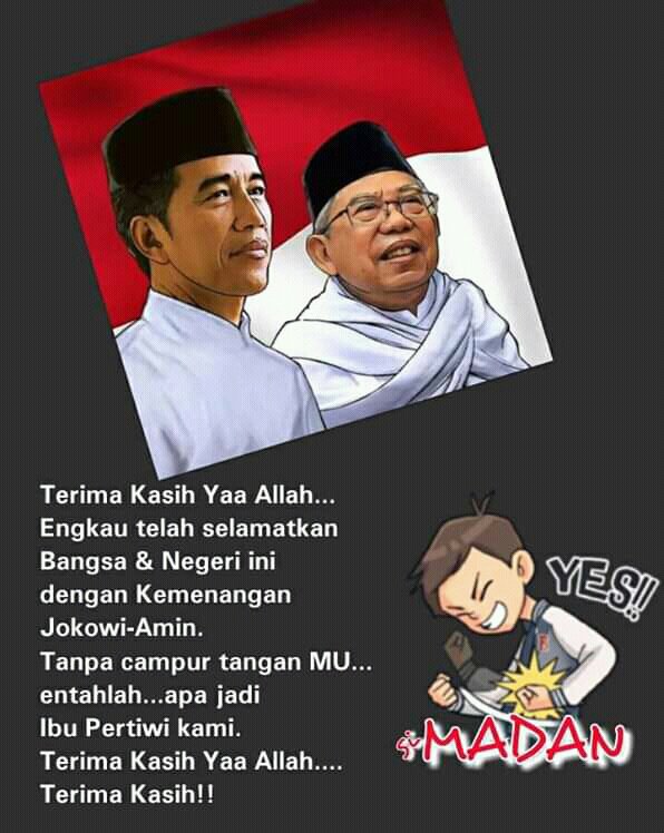 Selamat kepd presiden <a href="/jokowi/">Joko Widodo</a>  dan pak <a href="/KHMarufAmin_/">K.H. Ma’ruf Amin</a> semoga menjadi pemimpin yg amanat &amp; jujur.
Sehat selalu untk kedua ny
#AbaikanPrabowo