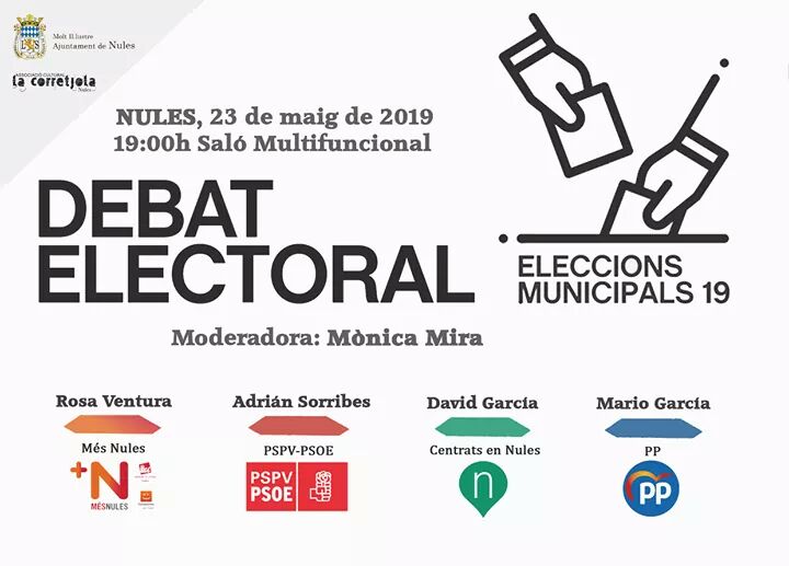 Debat electoral de Nules 2019
Dijous 23 de maig de 2019
19h, Saló Multifuncional

Intervindran els 4 candidats a l'alcaldia de Nules. Moderarà el debat la periodista Monica Mira

Agraïm a tots els partits polítics fer possible la celebració d'un debat necessari per a Nules.