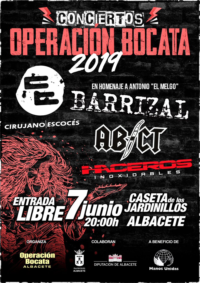 hacerosInoxrock's tweet photo. Haceros Inoxidables junto a Cirujano Escocés, Barrizal y ABCT en la #OperaciónBocata 2019, Caseta de los Jardinillos de #Albacete, 7 de Junio, 20:00h. a beneficio de Manos Unidas +INFO: https://t.co/4AYsXIH60L https://t.co/nsz374GRLM