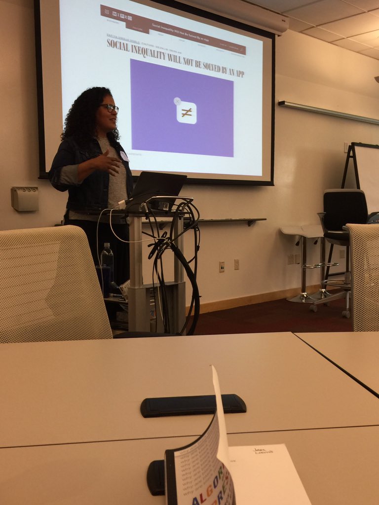 jessaloomis's tweet image. An invigorating talk by @safiyanoble ranging from how purportedly neutral algorithms replicate existing bias, to concerns about the defunding of public information infrastructure, to calls for other ways of knowing/ other data to answer better questions #algorithmsofoppression