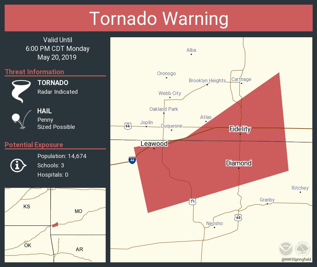 NWSSpringfield's tweet photo. Tornado Warning including Diamond MO, Leawood MO, Silver Creek MO until 6:00 PM CDT https://t.co/LOevFxpu1p