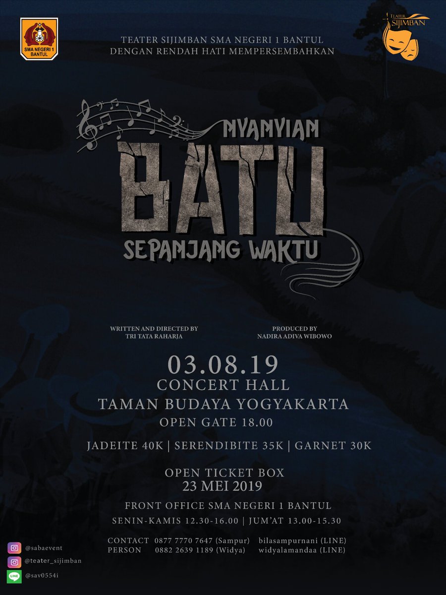 SMA Negeri 1 Bantul proudly presents 
🎭 Pentas Tunggal Teater 2019 "NYANYIAN BATU SEPANJANG WAKTU" 🎭
.
-Ketika hidup mulai meredup. Apa kah mereka sanggup?-

More Information :
Sampur : 0877 7770 7647 (WA), bilasampurnani (Line)
Widya : 0882 2639 1189 (WA), widyalamandaa (Line)