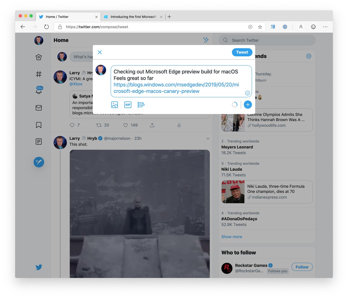 Larry Hryb En Twitter Checking Out Microsoft Edge Preview Build For Macos Feels Great So Far T Co Whs7qsw9ae