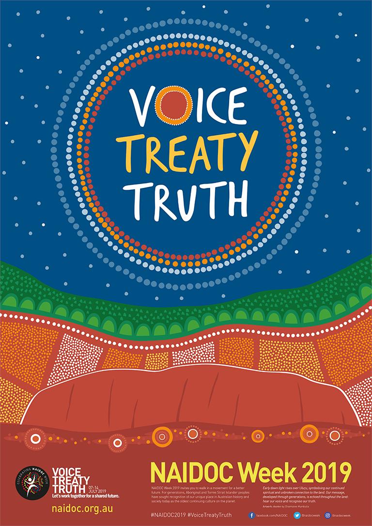 NITV's tweet photo. Congratulations Charmaine Mumbulla, proud Kaurna Narungga woman from SA &amp; the winner of the 2019 National NAIDOC poster competition with her work “Awaken” which depicts early dawn light rising over Uluru, symbolising continued spiritual and unbroken connection to the land. https://t.co/U3RtxFbqCZ