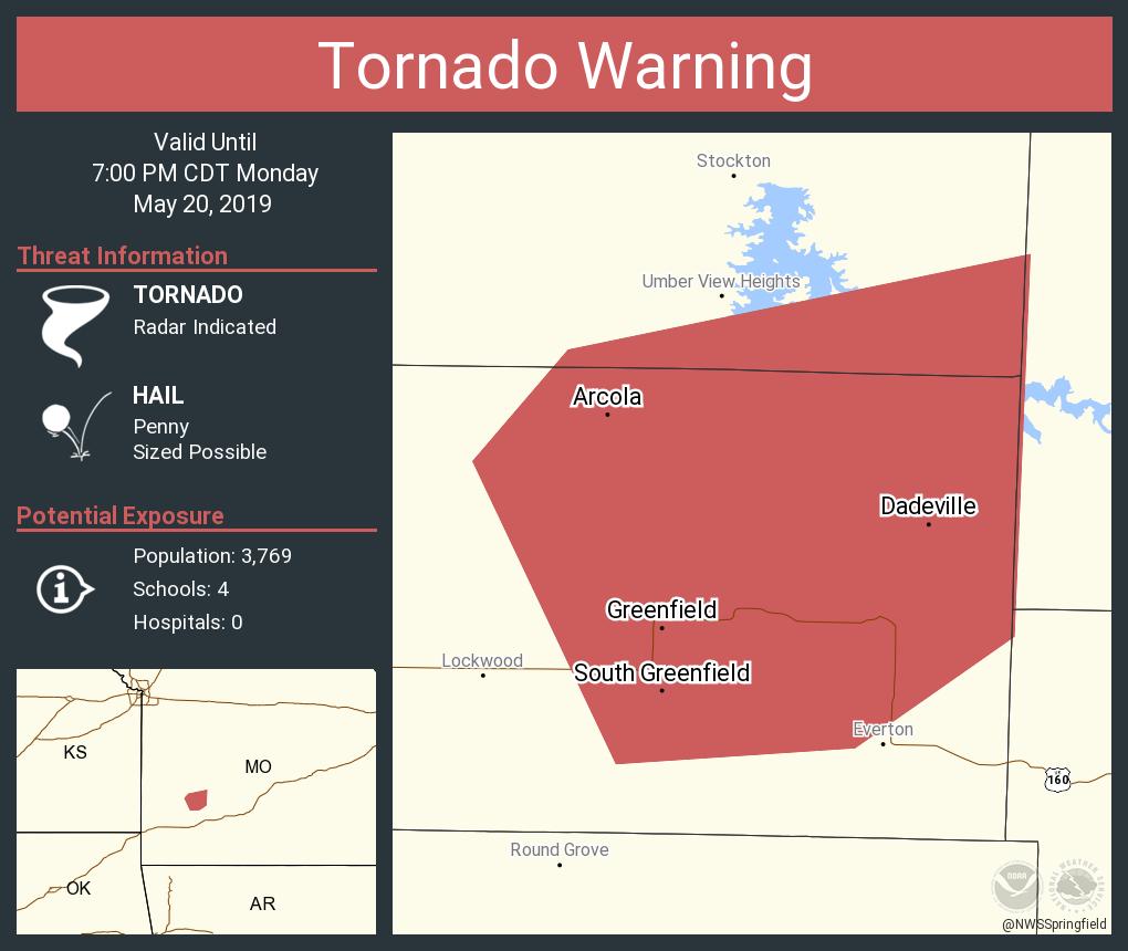 Tornado Warning continues for Greenfield MO, Dadeville MO, South