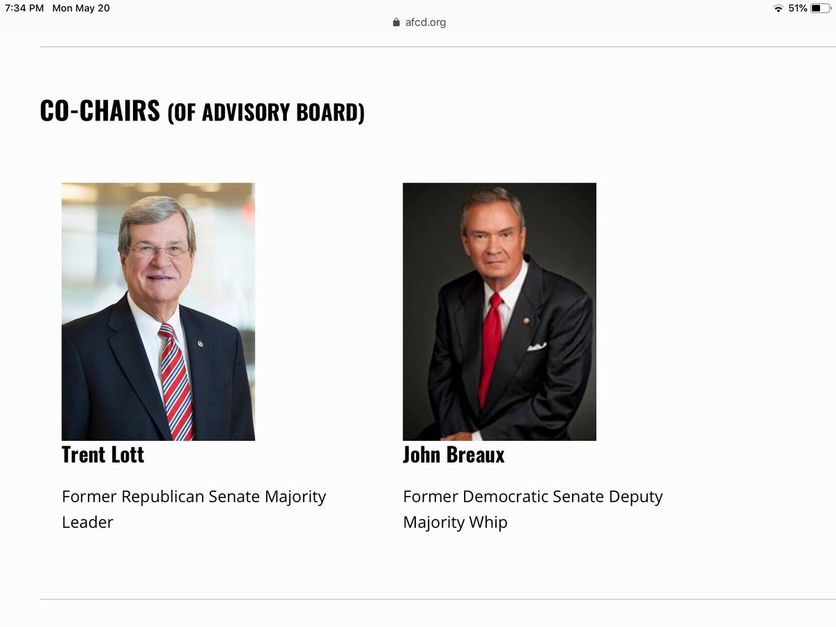 Another Republican in on the scam - former Senator Trent Lott is co-chair of the advisory board along with former Democrat Senator John Breaux. https://www.afcd.org/leadership 