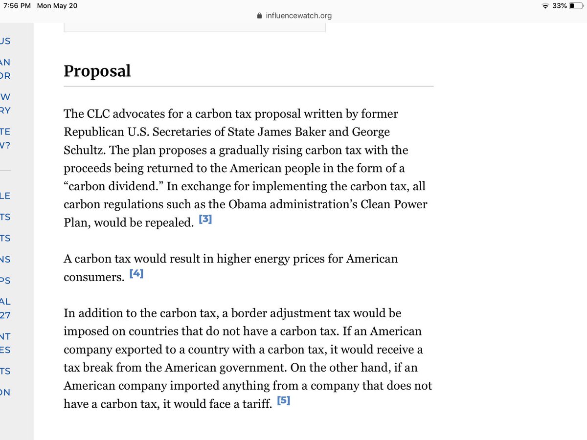 Not only do they want a  #CarbonTax, they also want a “border adjustment tax,” which would penalize American companies for importing anything from another company without a carbon tax. In other words, they would impose TARIFFS on our companies. https://www.influencewatch.org/non-profit/climate-leadership-council/