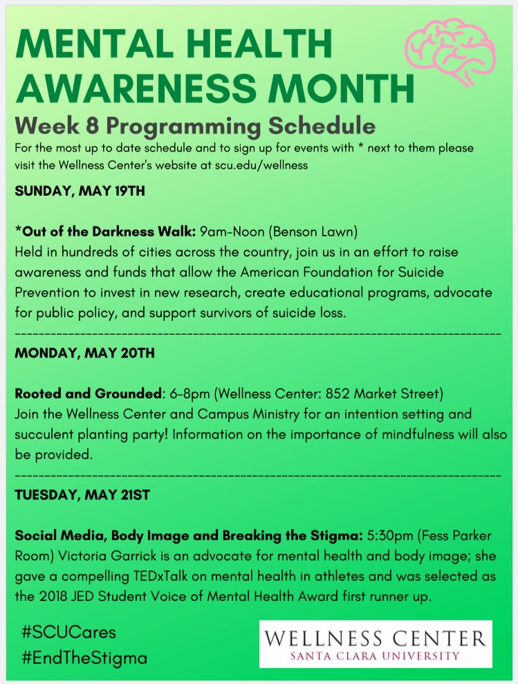 SCU_Wellness's tweet photo. May is #MentalHealthAwarenessMonth join us for a variety of programs throughout the month! Week 8 schedule below👇🏾 @CowellScu @afspnational @scucm #SCUCares #EndTheStigma https://t.co/gIM1YAkzL1