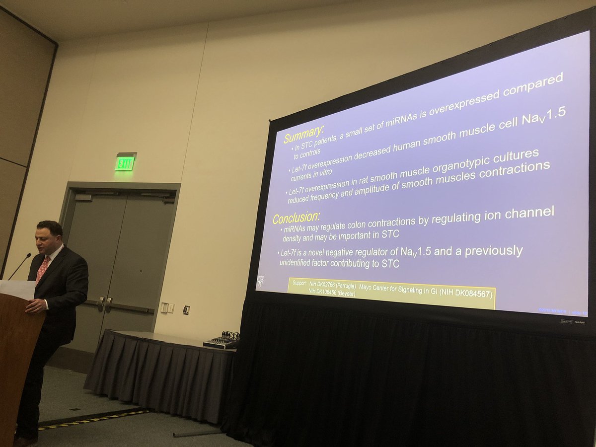 Excellent talk in NGM plenary session #DDW19 by @artbeyder @BeyderLab stellar mentee of @GFarrugiaMD presenting role of colonic microRNA let-7f expression in slow transit constipation by effect on voltage gated Na channel and smooth muscle contractility @ENSP_mayo @ANMSociety