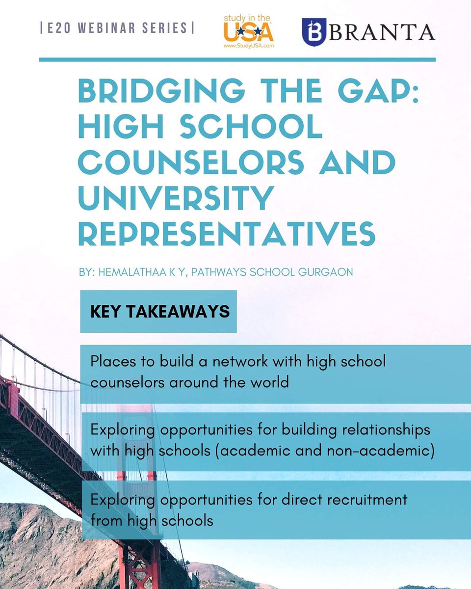 skjamal's tweet photo. Our next #E20 presenter will help you bridge the key gaps to advance your #intled recruitment goals. Join the webinar on May 22 at 10 AM PT. #highered. E20 Sign-up: https://t.co/SQQfzTD6AM w/ @StudyUSAcom @GoBranta https://t.co/K18Sa97wsD