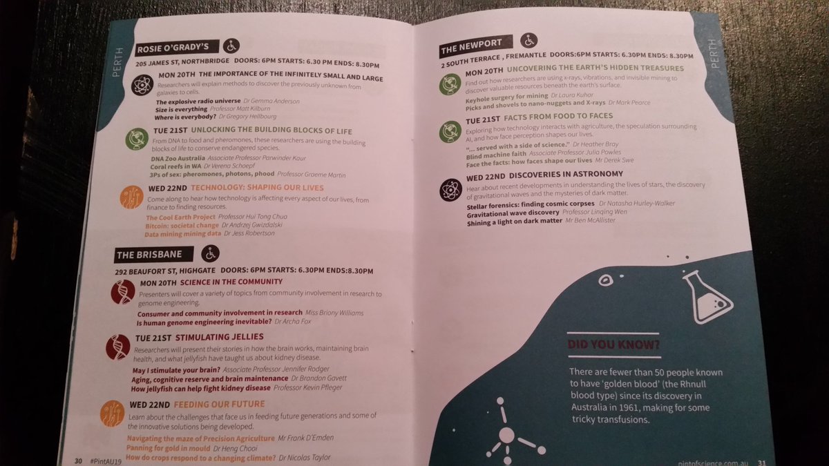 LGrenik's tweet photo. If you missed out on last night's Pint of Science events then definitely make sure to book yourself in for 1 of the 3 events tomorrow night! Tonight's events are already sold out! @pintofscienceAU #PintAU19 #May4Science https://t.co/ONsOyyQeRD