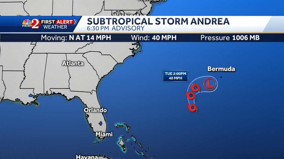 TMainolfiWESH's tweet photo. NHC has just issued a special update on #Andrea. Here's the new data. Stay with WESH 2 News for more... #WESHwx #FLwx #Tropics https://t.co/D3I1xBN1GW