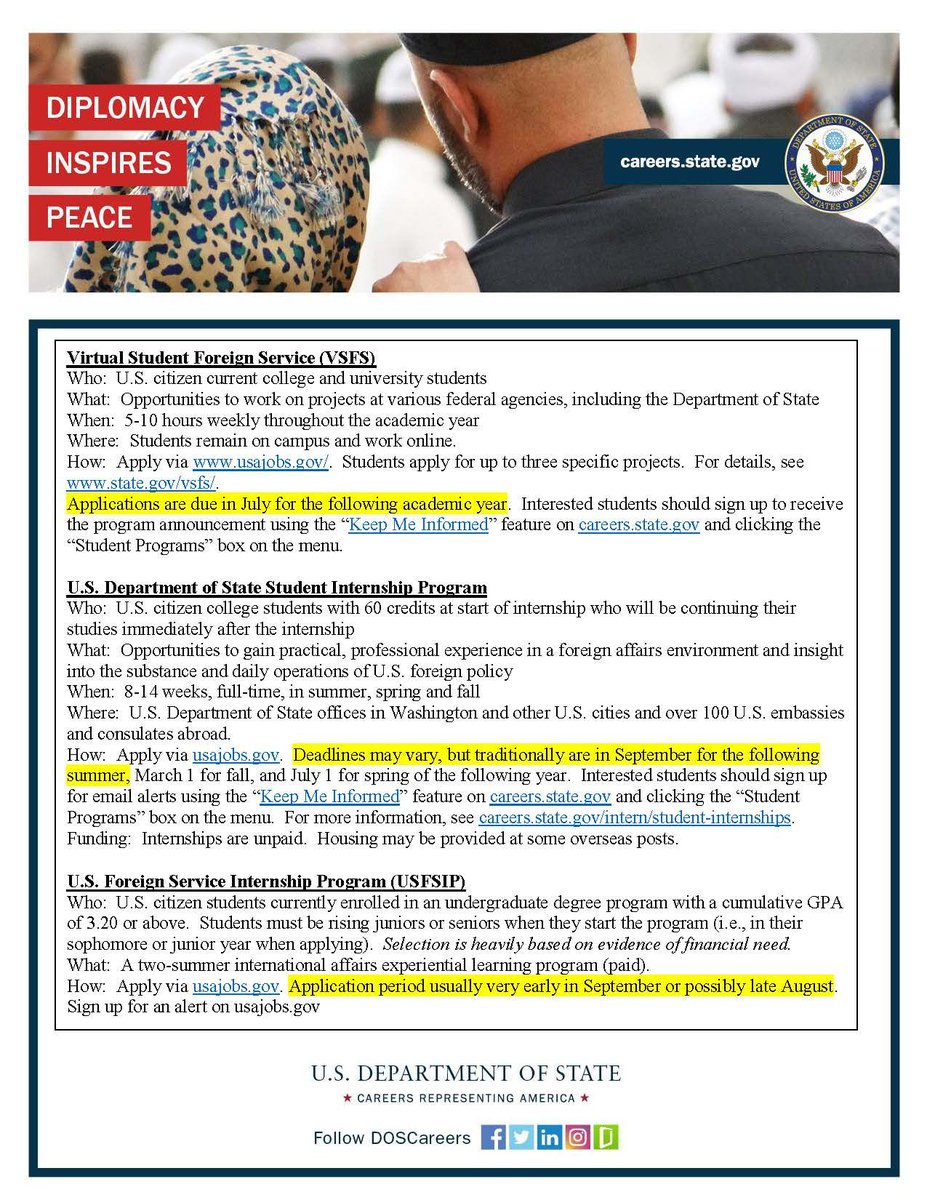 TrinityCELCS's tweet photo. Thinking about a career in diplomacy? Here are some opportunities to mark your calendar about! It's never too early to think about next steps. #FindYourDirection #CELCS @StateDept https://t.co/t4pTpVpbZz