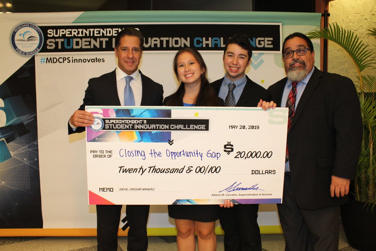 LAUSDSup's tweet photo. The culmination of the first-ever #MDCPSinnovates Challenge. All participants walked away with at least $500, and the three winning teams each take home the $20,000 prize. Congratulations to these inspiring innovators. Thank you judges for helping select tonight's winners. https://t.co/ZNfdAKWAGG