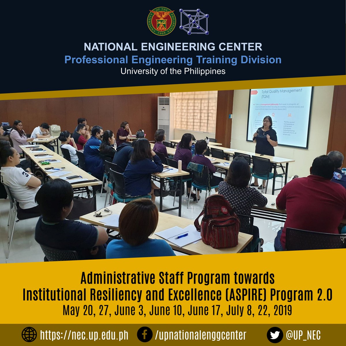 UP_NEC's tweet photo. UP NEC organizes ASPIRE Batch 2.0. This is in partnership with the UP Diliman Office of the Chancellor and Office of the Vice Chancellor for Academic Affairs. #UPNEC #OC #OVCAA #QualityMngtSystem @ASPIRE2.0 https://t.co/rUkVB06VC7