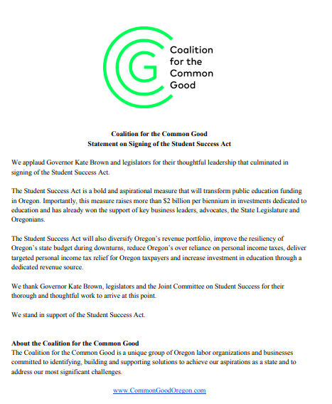 We stand in support of the Student Success Act.

#YesonStudentSuccess #orleg #orpol