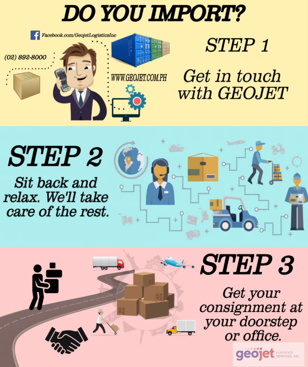 GeojetLogistics's tweet photo. Do you import? Then follow these easy steps! 

Ship with us, and enjoy hassle-free shipments!

Call us up now at (02) 892-8000 or
visit our website https://t.co/Q4pm7Vb2Bg
#Geojet #Logistics #Freight #Cargo #import https://t.co/ZX3zSDH7Yk