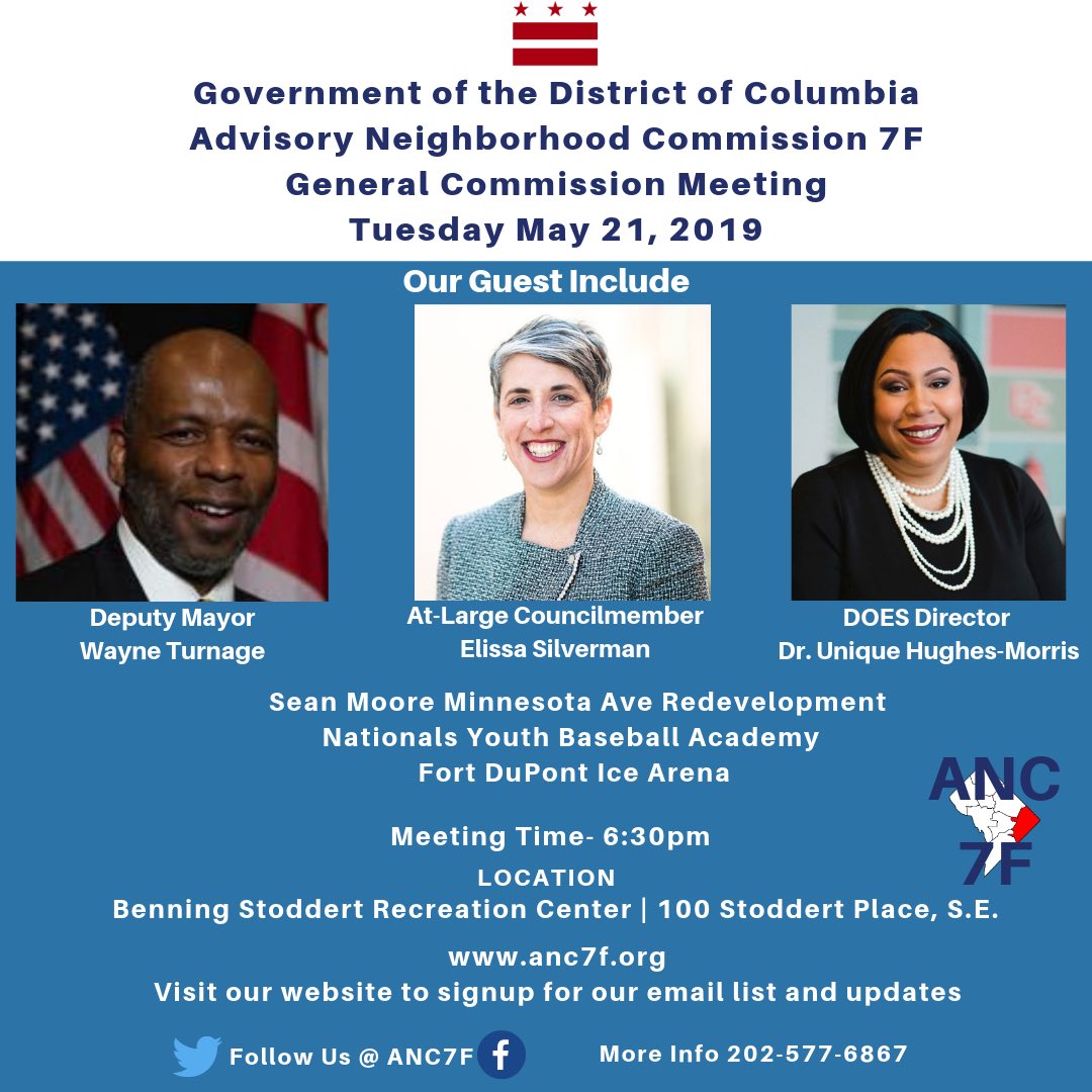 ANC7F's tweet photo. Join @ANC_7F for our May monthly meeting. We’ll be joined by Deputy Mayor Wayne Turnage @DCHealthCareFin, CM Elissa Silverman @tweetelissa @CM_Silverman, @DOES_DC Director @DrUniqueMH 
Spread the word and bring a neighbor! #7FStrong #ANC7F https://t.co/KRUuws3KeL