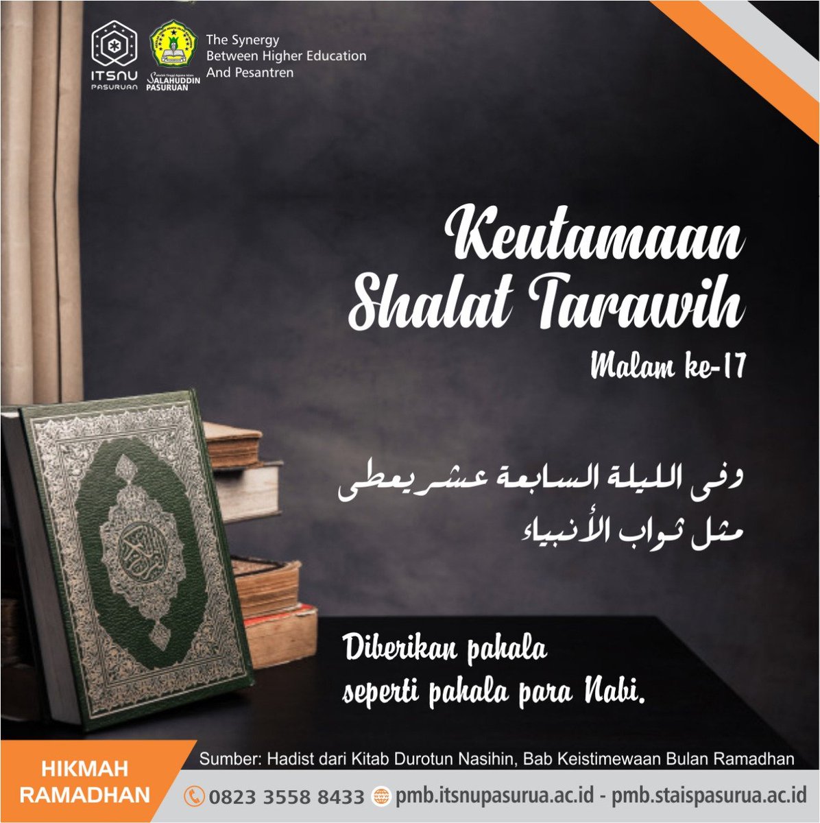 unupasuruan's tweet photo. "KEUTAMAAN SHOLAT TARAWIH MALAM KE - 17"
Informasi Penerimaan Mahasiswa Baru :
- https://t.co/Z2dR9CsWHy
- https://t.co/fweX4wizT8
Informasi umum :
- 082335588433 📞
#kampus #dakwahislam #kampusislami #kampusislampasuruan #pasuruan #kampuspasuruan #ramadhan2019 #itsnu #stais https://t.co/DdWRcjEgfD