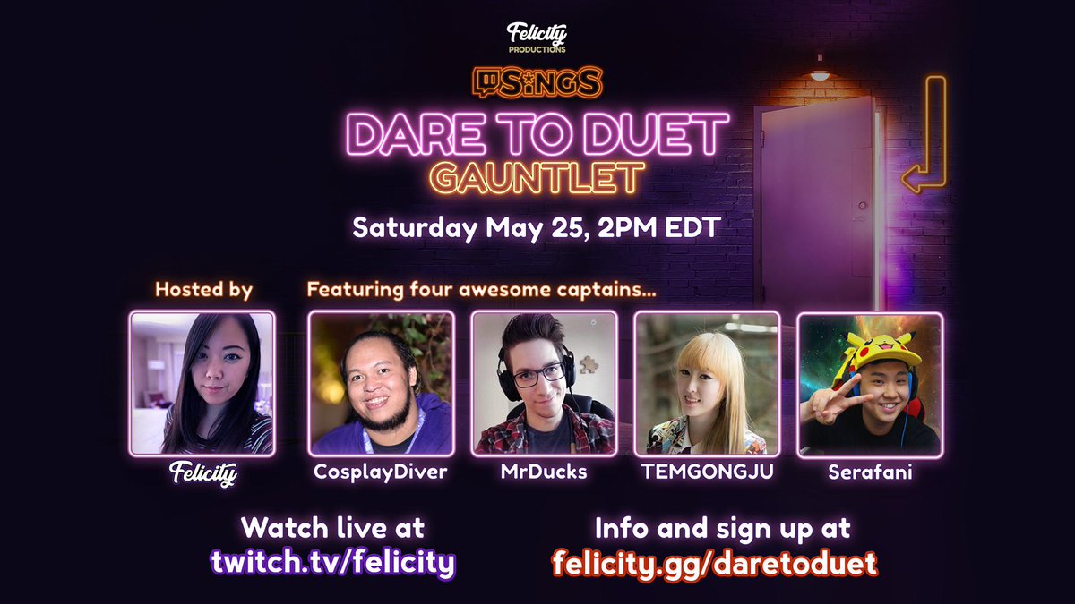 FelicityTV's tweet photo. Super excited to announce the captains for this weekend's Dare to Duet Gauntlet happening on Saturday, May 25th at 2PM EDT: @cosplaydiver @MrDucksTTV @TEMgongju @serafani 
Auditions are OPEN: https://t.co/ATMSl6qqas
Please retweet and share! https://t.co/5mKJTa7NGV