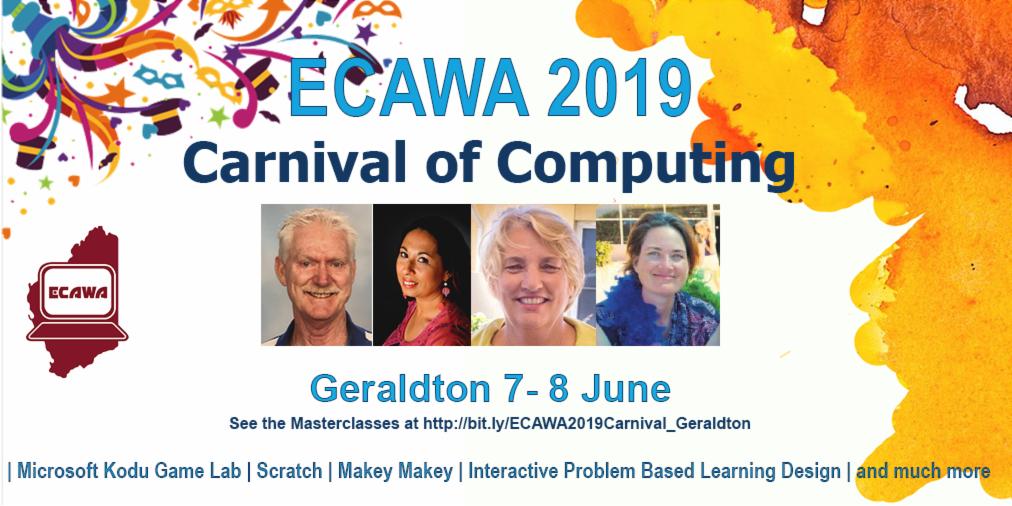 #ECAWA2019 Carnival of Computing - in Geraldton! See bit.ly/ECAWA2019Carni… for masterclasses and schedule and go to bit.ly/ECAWA2019Carni… for tickets <a href="/WAPLN/">TeachMeetWA   #TMWA</a> <a href="/EduJen/">Dr. Jenny Lane</a> <a href="/ECAWASecretary/">ECAWA Secretary</a> <a href="/mssgellis/">Dr Michelle Ellis</a> <a href="/rmckean/">Robin McKean</a>