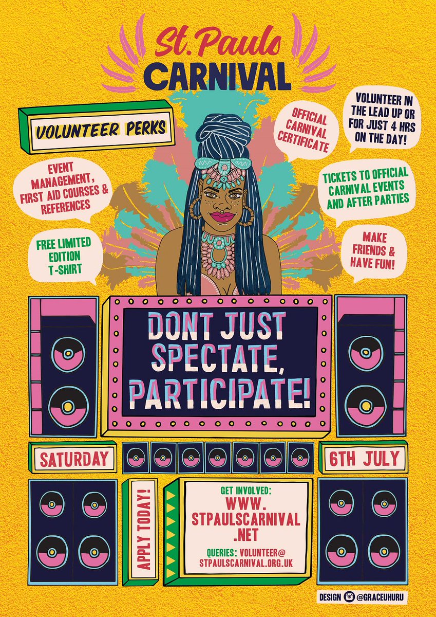 St Pauls Carnival (@stpaulscrnvl) on Twitter photo VOLUNTEERS - don’t just spectate, participate! We want your help at St Pauls Carnival on the 6th July 2019 and in return you get these amazing perks! To apply simply email us at volunteer@stpaulscarnival.org.uk VOLUNTEERS - don’t just spectate, participate! We want your help at St Pauls Carnival on the 6th July 2019 and in return you get these amazing perks! To apply simply email us at volunteer@stpaulscarnival.org.uk