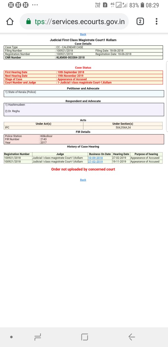 DrShameem5's tweet photo. Went to State. Women's Commission. Member said, as the case is subjudiced, going to close, accused interfered and said no charged 354A but l submitted the cc no:921/18 &amp; copy of case status as proof https://t.co/X4vI5qRNUQ