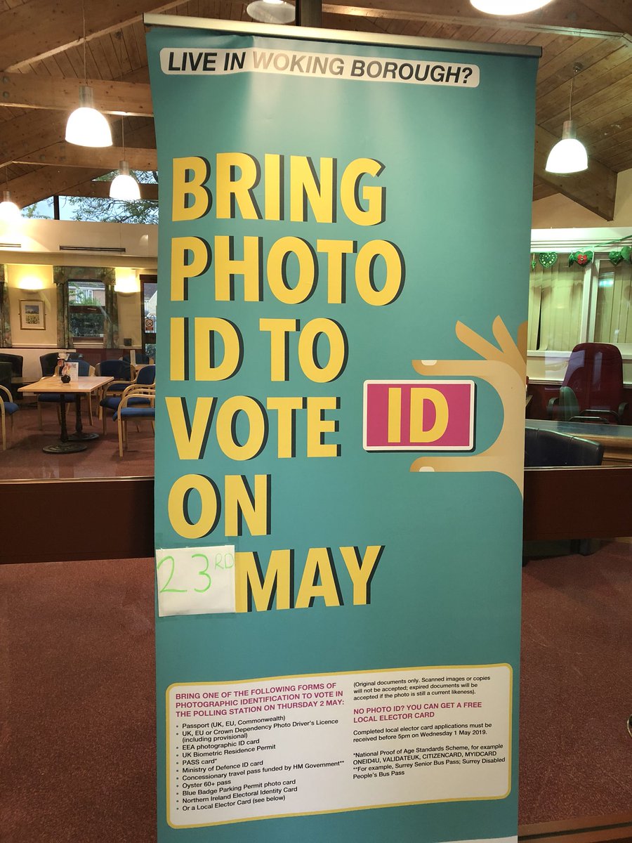 JoCrosbyPR's tweet photo. Hi @wokingcouncil please can you confirm this sign is not correct? I can’t find any information which says we need to bring photo ID when voting in #EuropeanElections2019. I’m very worried incorrect information is being given to #Woking voters @ElectoralCommUK https://t.co/WM1AovMhQc