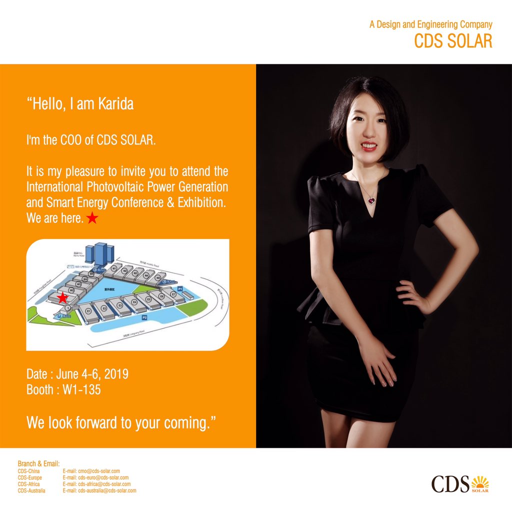 KaridaYin's tweet photo. We hereby sincerely invite you and your company representatives to visit our booth at the SNEC International Photovoltaic Power Generation and Smart Energy Exhibition &amp; Conference from June 4th to 6th, Shanghai, China.  CDS SOLAR bring the love and light to the world. https://t.co/ZywKlvd7lu
