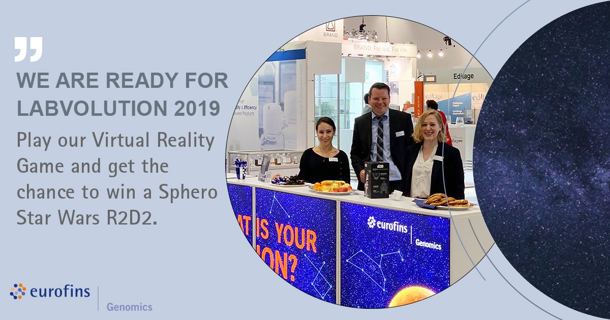 GenomicsEurope's tweet image. Our booth is assembled and we are ready for Labvolution 2019. Visit us at booth D35 in hall 20 and play our Virtual Reality Game “Moon Game”. The player with the highest score wins a Sphero Star Wars R2D2. #genomics #TheDNAUniverse #Labvolution
