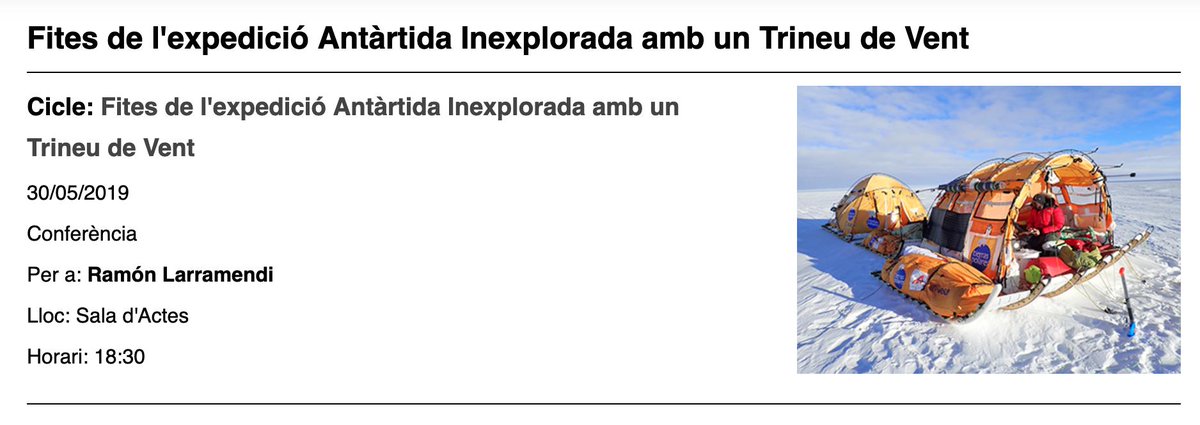 El dia 30/5 nosaltres serem a la <a href="/ResidInvestig/">Residència d'Investigadors</a> amb <a href="/RamonLarramendi/">Ramón Larramendi</a>: "Fites de l'expedició Antàrtida Inexplorada amb un Trineu de Vent" (18.30h)
#tirineo #Antártida #POPs <a href="/hilomoreno/">Hilo Moreno</a> <a href="/IDAEA_CSIC/">Inst. of Environmental Assessment & Water Research</a> residencia-investigadors.es/ca/activitats/…