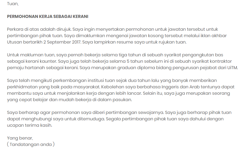 Contoh Surat Cover Letter Permohonan Kerja Kerani