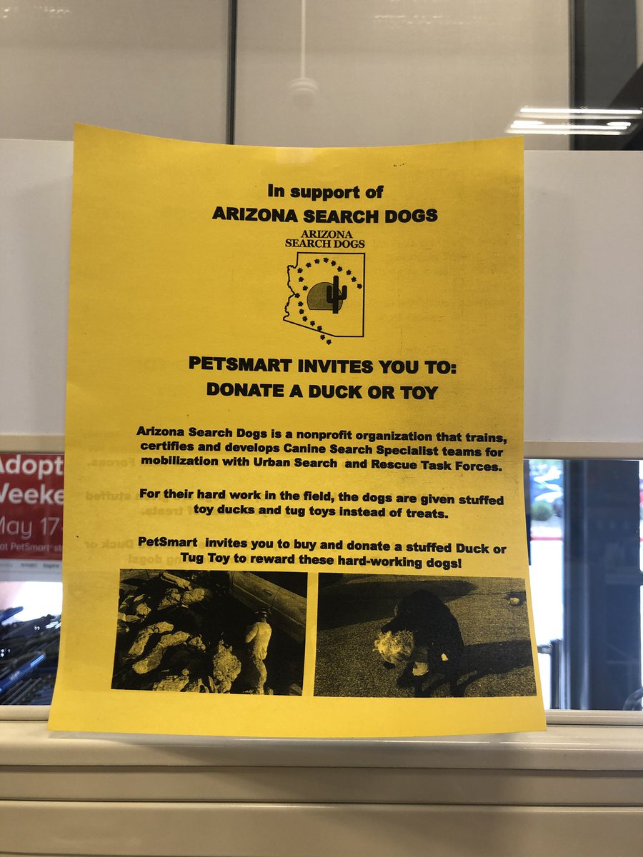 PetsmartQC's tweet photo. Quack! Quack! You are invited to “Duck Drive” (Actually Buy &amp; Donate a stuffed Duck or a Tug Toy) @PetSmart Queen Creek or any PetSmart stores in #phoenixaz in support of @AzSearchDogs Arizona Search Dogs.  Your donation will reward these hard-working dogs.   #lifeatpetsmart https://t.co/dQKENtADu7