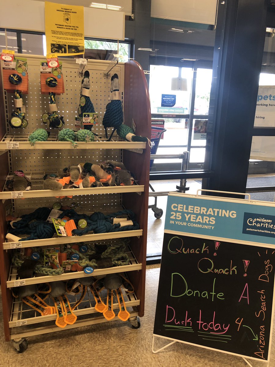 PetsmartQC's tweet photo. Quack! Quack! You are invited to “Duck Drive” (Actually Buy &amp; Donate a stuffed Duck or a Tug Toy) @PetSmart Queen Creek or any PetSmart stores in #phoenixaz in support of @AzSearchDogs Arizona Search Dogs.  Your donation will reward these hard-working dogs.   #lifeatpetsmart https://t.co/dQKENtADu7