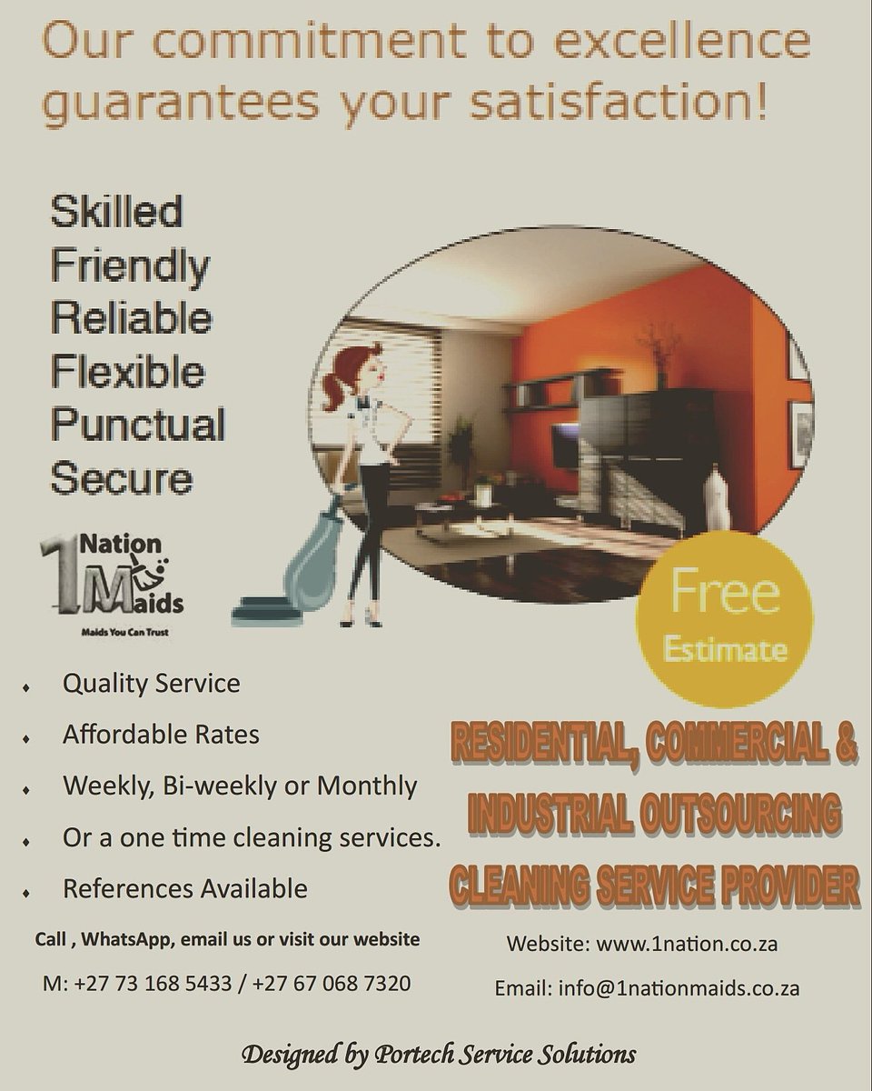 PortechService's tweet image. 1Nation maids - your professional Outsourcing cleaning service provider. Dont Delay contact Lefa for your free quote on 073 168 5433 or 067 068 7320. This ad was brought to you by portech service solutions! #cleans #Johannesburg #Durban #Portelizabeth #pretoria #mpumalanga