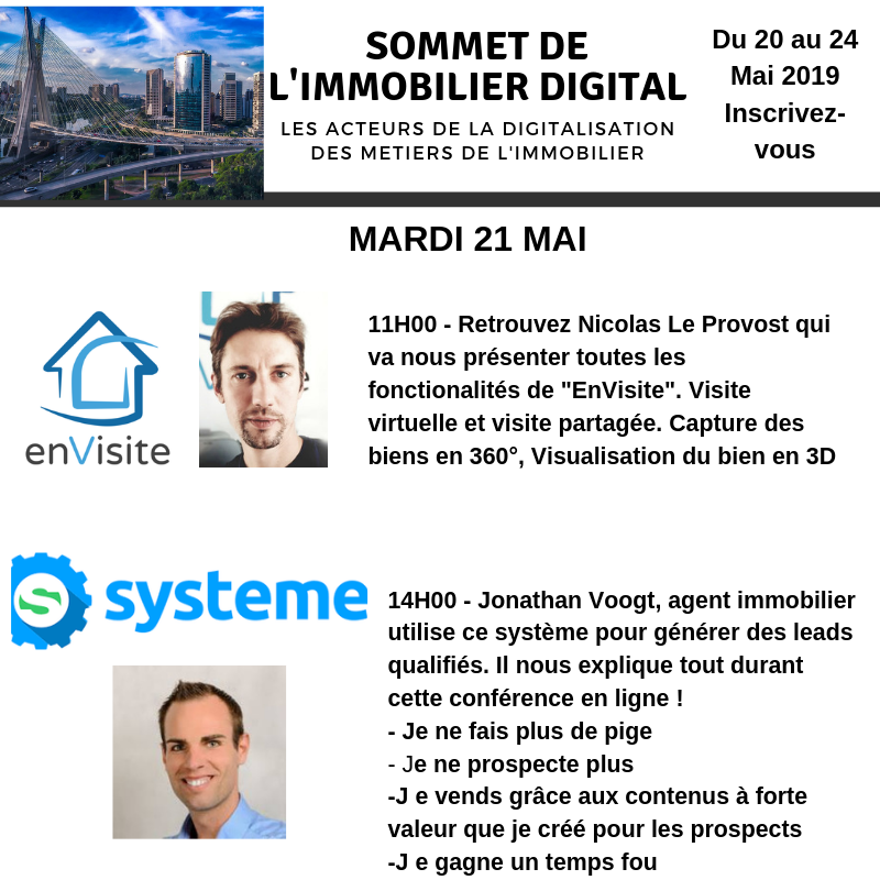 Voici le programme du jour à ne pas manquer 😉
Pour accéder à ces conférences en ligne gratuites allez vers ce lien et inscrivez-vous : bit.ly/2SrHofJ
#immobilier #digital #mandat #vente #visite #photo #video #360 #réseauxsociaux #communication #services #leadmagnet