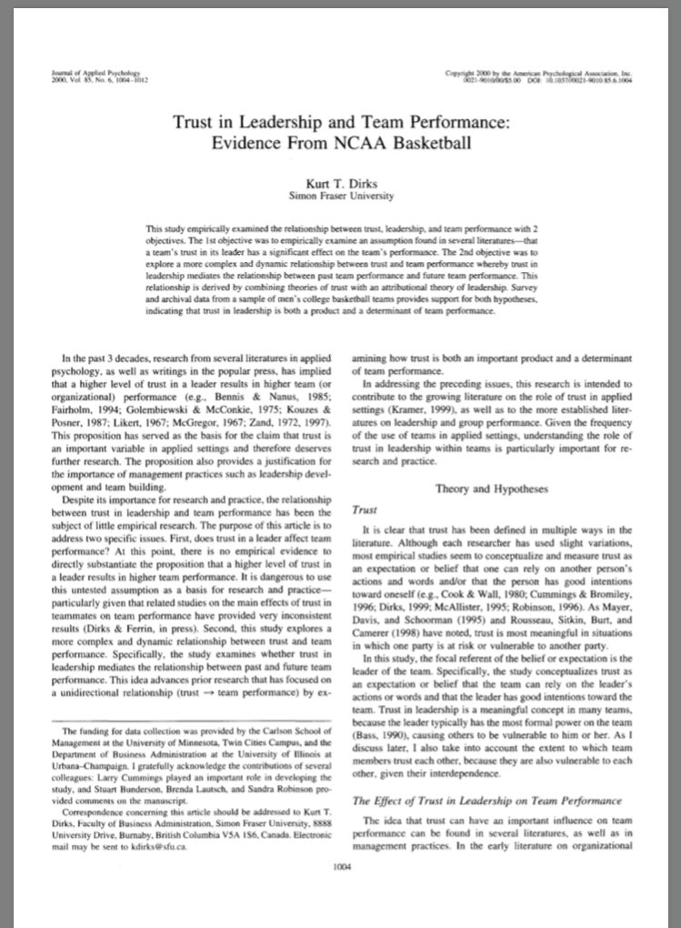 GCFCLE's tweet image. Coaches, don’t have time to brush up on the “soft” sciences? Here’s an example of how trust in the leader affects team performance. Dirks (2000) showed that higher levels of trust in the leader resulted in enhanced team performance...