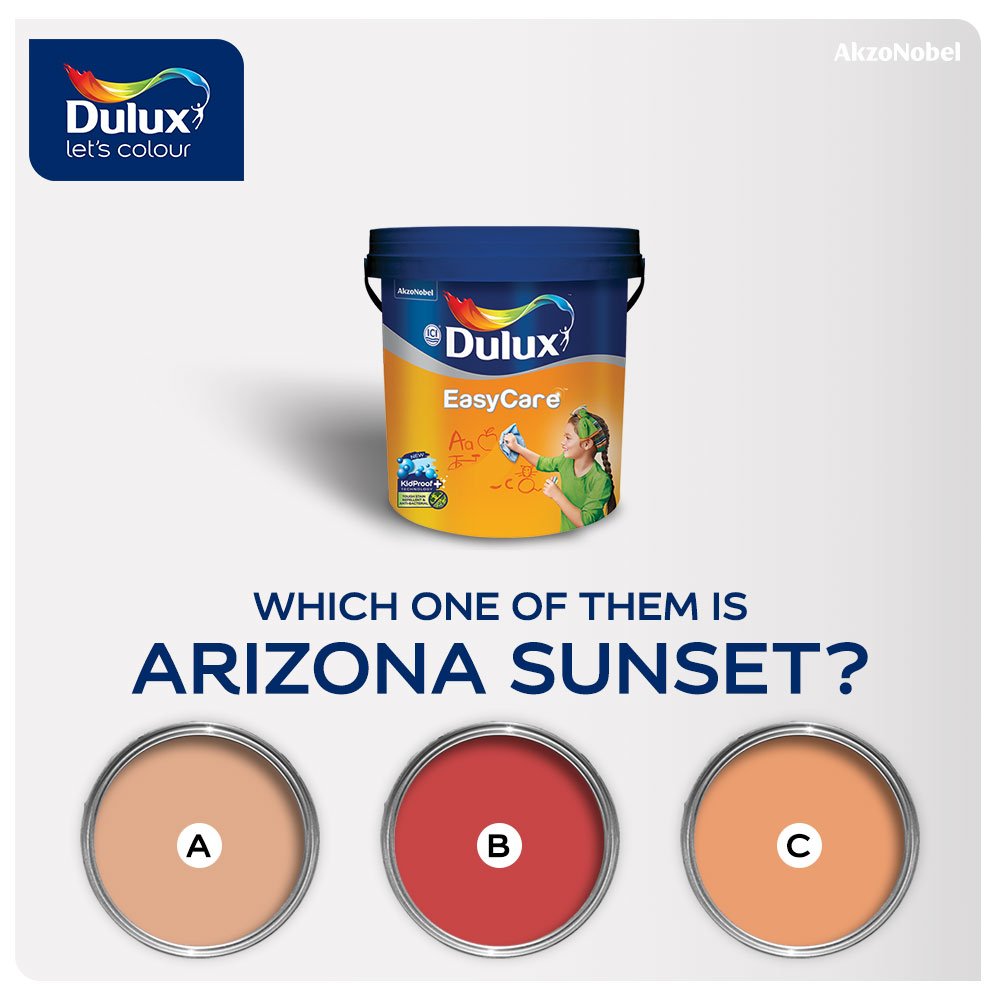 Let's see how many of you know are shades well. Which one of these shades is Arizona Sunset? Any guesses.
#Dulux #LetsColour #EasyCare #ArizonaSunset