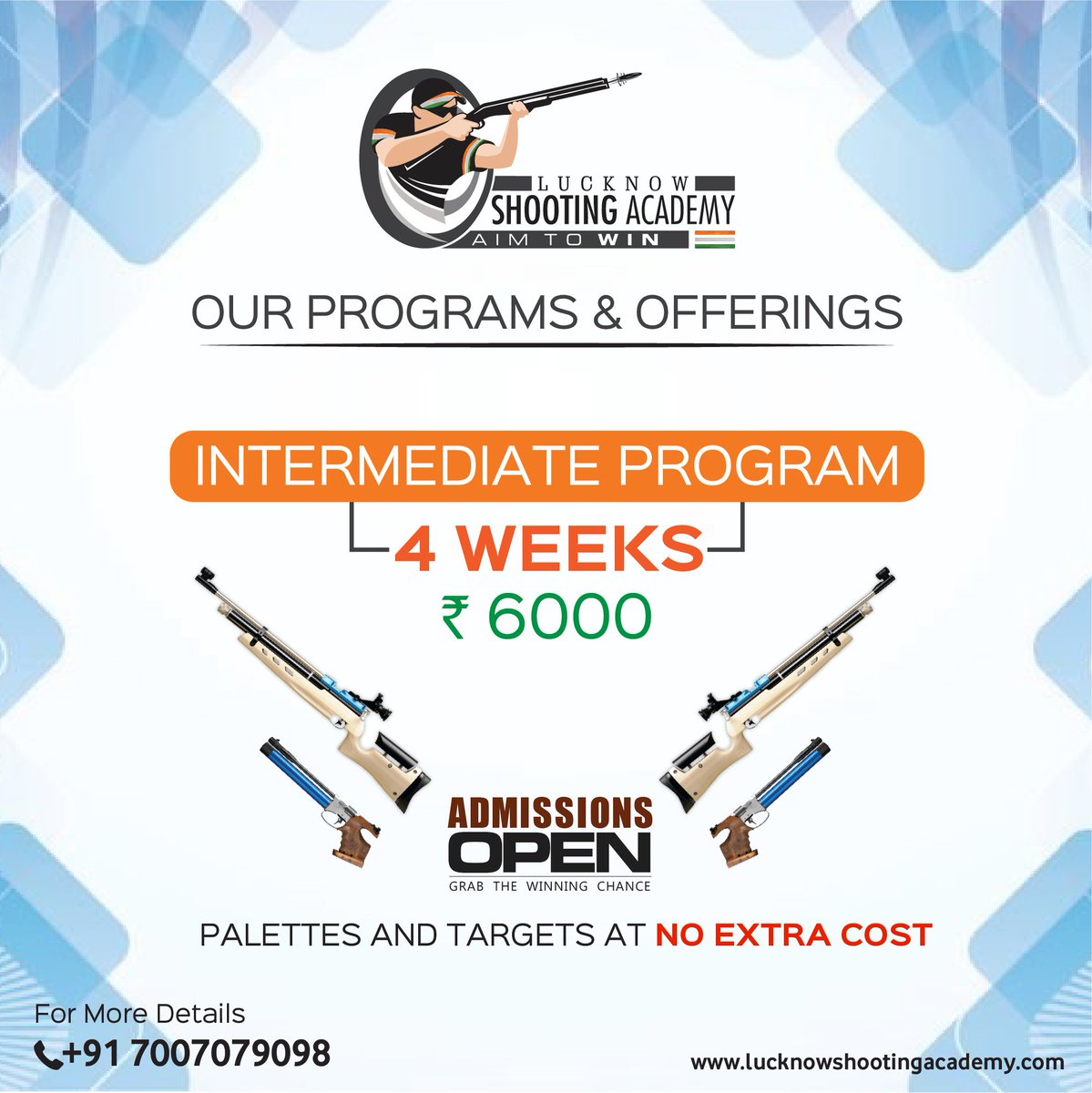 Lucknow Shooting Academy to promote Shooting sports by blooding young talents to produce talents for our Nation.

Duration: 4 Weeks
Fees: Rs. 6,000 
Age Limit: 9 Years - 65 Years

For more details -
Please Visit: bit.ly/2PvzyNX
Call us: +91 7007079098

#shootingacademy