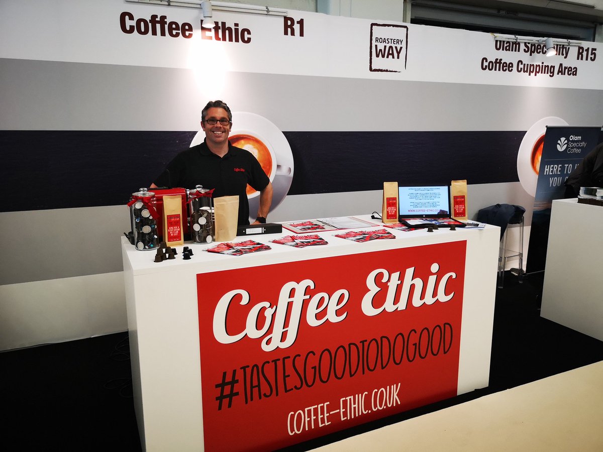 CoffeeEthic's tweet photo. All set up and ready to go at the @Eurocoffee_expo . If you're attending today and tomorrow come  and learn all about us #tastesgoodtodogood #coffee #coffeelovers https://t.co/YEW6bDuZ4x
