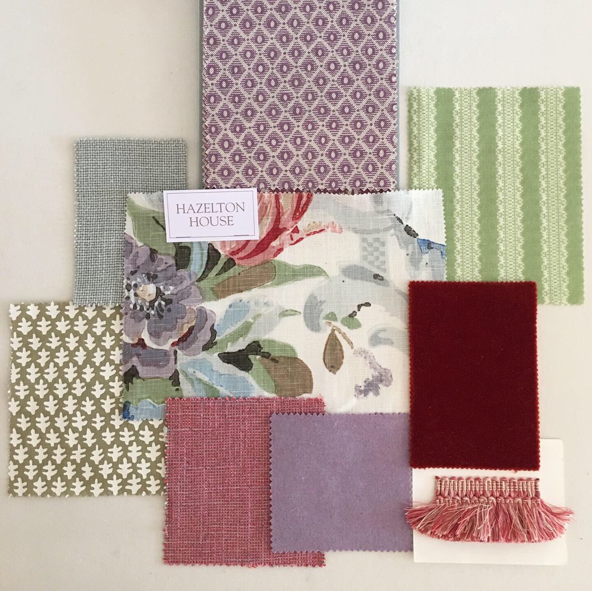 Lovely scheme of lilac, greens, greys and reds. <a href="/InchyraPerth/">Inchyra</a> <a href="/Samuel_and_Sons/">Samuel & Sons</a> <a href="/NileandYork/">Nile & York</a> #hazeltonhouse #tissusdhelene <a href="/SisterParishCo/">Sister Parish Design</a> #fabrics #interiordesign #interiordecoration #textiles #colour #curtains #handsewn #handstitched