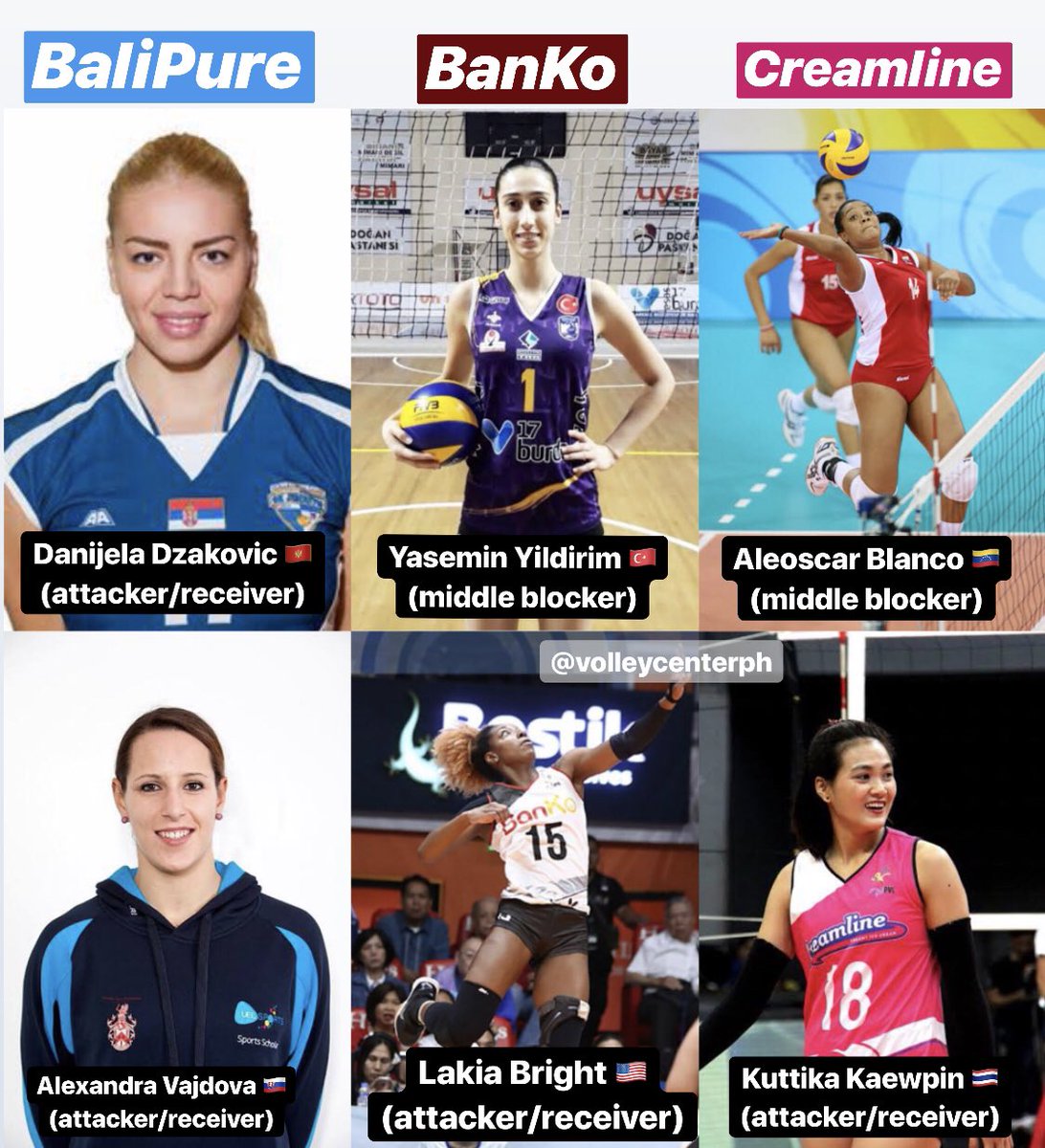 #PVLReinforcedConference2019 
Imports Part 1

BaliPure: Danijela Dzakovic 🇲🇪 
Alexandra Vajdova 🇸🇰 

<a href="/PerlasSpikers/">Perlas Spikers</a>: Yasemin Yildirim 🇹🇷
Lakia Bright 🇺🇸 

Creamline: Aleoscar Blanco 🇻🇪 
Kuttika Kaewpin 🇹🇭