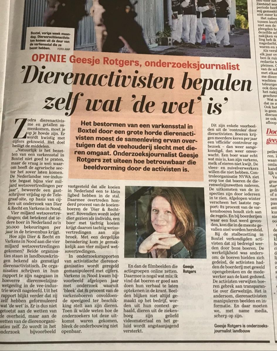 lientje1967's tweet photo. "Dierenactivisten bepalen zelf wat de wet is." Goed stuk in @telegraaf van Geesje Rotgers! https://t.co/hoBieDfQaS