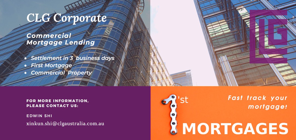 AustraliaClg's tweet photo. CLG Corporate
Commercial Mortgage Lending
🤩🤩Fast track your mortgage!

-Settlement in 3 business days
-First Mortgage
-Commercial Property

😏FOR MORE INFORMATION, PLEASE CONTACT US:
EDWIN SHI 
xinkun.shi@clgaustralia.com.au https://t.co/yidCKhyvTy