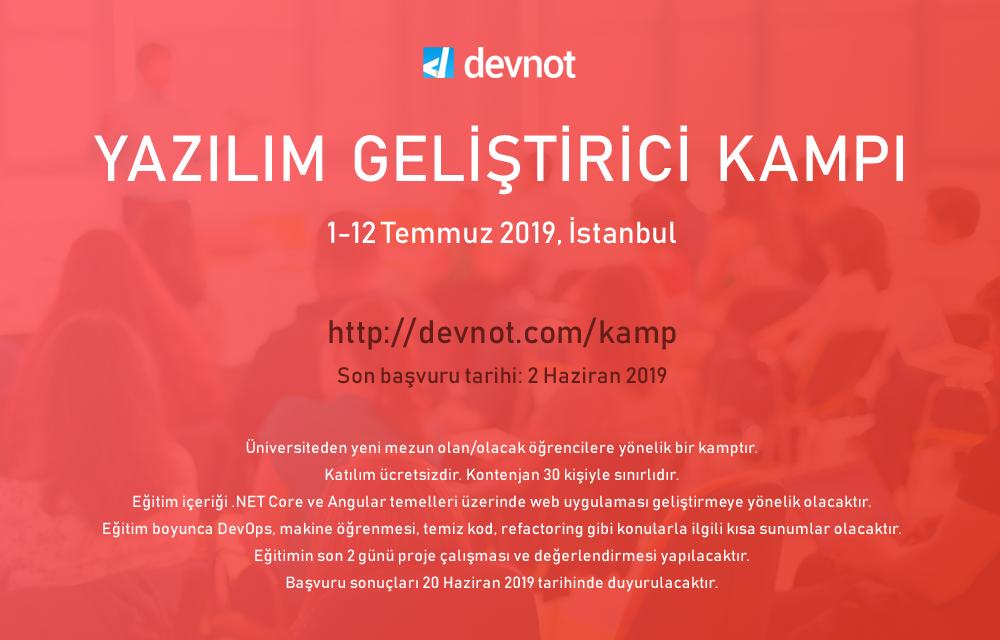 Yeni mezun yazılımcı adayları için 1-12 Temmuz tarihleri arasında düzenleyeceğimiz Yazılım Geliştirici Kampı başvuruları açıldı. Son başvuru tarihi 2 Haziran. devnot.com/kamp