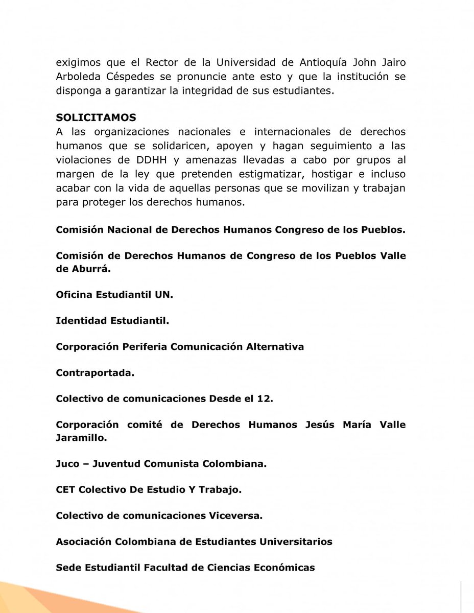Asamblea_U_de_A's tweet photo. #DenunciaPública @UdeA @UneesCol 
Exigimos pronta acción. Nuestros compañeros no están solos. No más amedrentamiento. #BastaYa #Nomáspersecuciónalmovimientoestudiantil https://t.co/sL6LB4E35w
